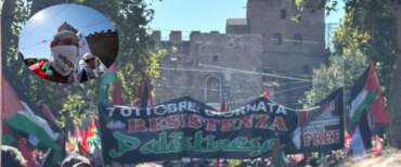 Lo striscione che inneggia alla mattanza contro Israele: “7 ottobre giornata della Resistenza palestinese”