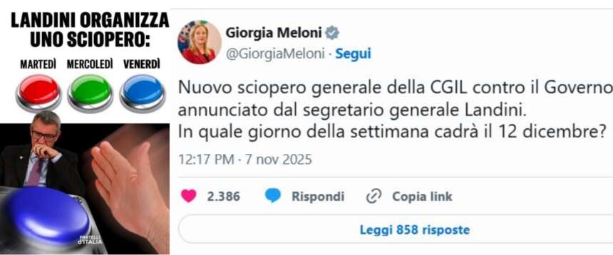Sciopero Cgil del 12 dicembre, Meloni gela Landini con ironia