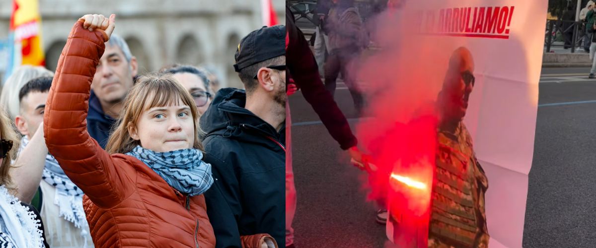 Il pacifismo pro Pal: la foto di Crosetto bruciata al grido di “noi non ci arruoliamo”. E Greta dal palco insulta il governo