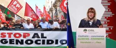 La segretaria della Cisl, Daniela Fumarola; una manifestazione per Gaza promossa dalla Cgil