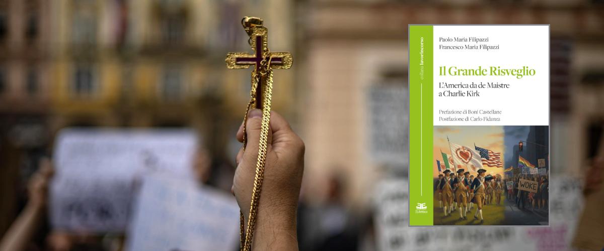 Una manifestazione din ricordo di Charlie Kirk. Nel riquadro, il libro di Paolo e Francesco Filipazzi “Il Grande Risveglio”