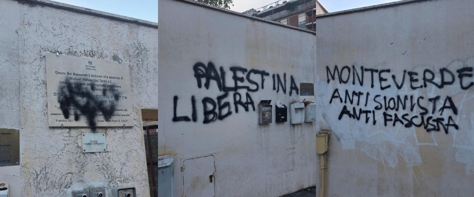 Vandalizzata la sinagoga di Roma con frasi antisioniste e antifasciste. Donzelli: “Atto ignobile e vergognoso”