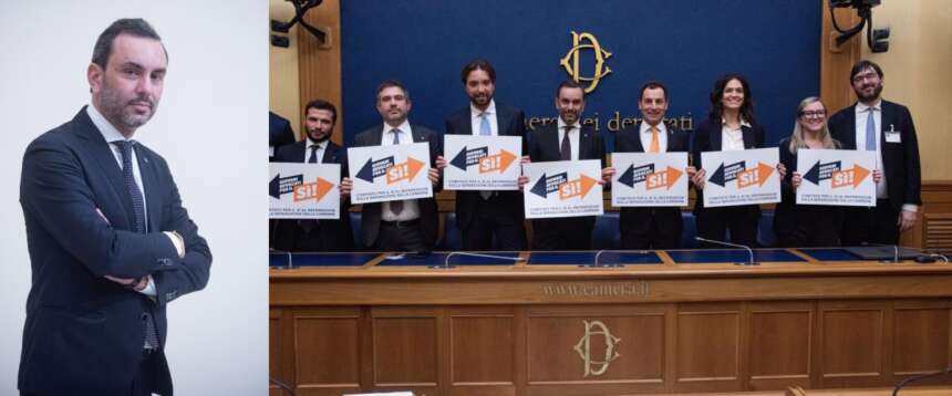 A sinistra, il presidente dell’Associazione Italiana Giovani Avvocati, Luigi Bartolomeo Terzo, presidente. Nella foto grande la presentazione del Comitato per il Sì dell’Aiga