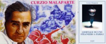 Curzio Malaparte sul francobollo celebrativo realizzato in occasione del centenario della nascita; a destra il libro “Giornale di uno straniero a Parigi”