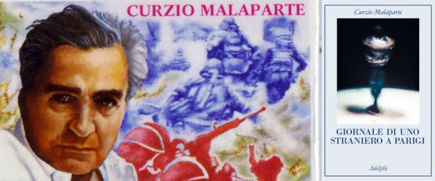 Curzio Malaparte sul francobollo celebrativo realizzato in occasione del centenario della nascita; a destra il libro “Giornale di uno straniero a Parigi”