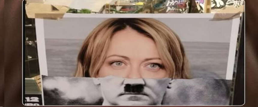 I “democratici” manifesti della sinistra: Meloni come Hitler. Nei mercatini di Natale a Bolzano si vende odio…