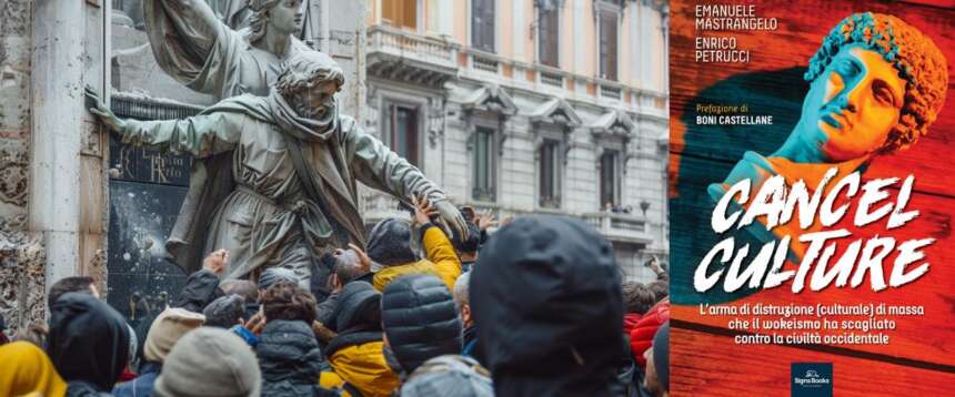 Un’immagine simbolica della cancel culture, generata con l’Ai; il libro di Mastrangelo e Petrucci