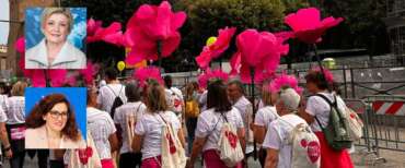 Una iniziativa di sensibilizzazione sul cancro. Nei riquadri, il ministro Calderone e il sottosegretario Bellucci