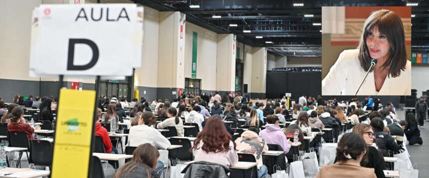 Un momento degli esami per l’accesso a Medicina. Nel riquadro, il ministro Bernini