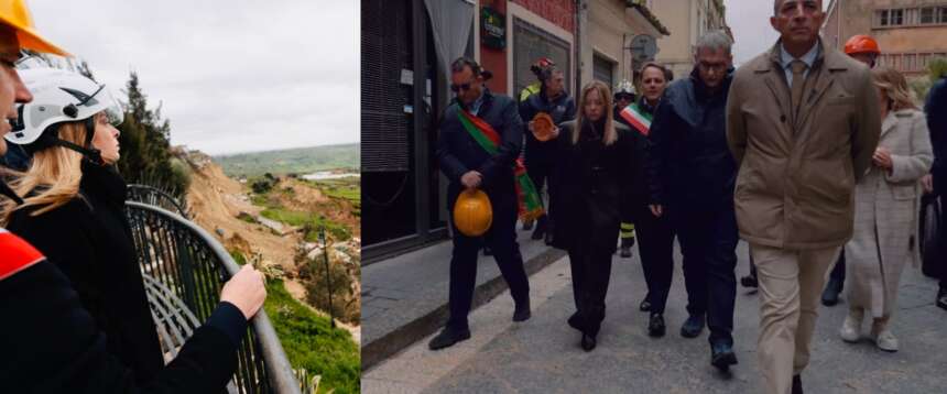 Meloni a Niscemi a piedi nella zona rossa incontra gli sfollati: “Subito 150 milioni, non sarà come nel ’97” (video)