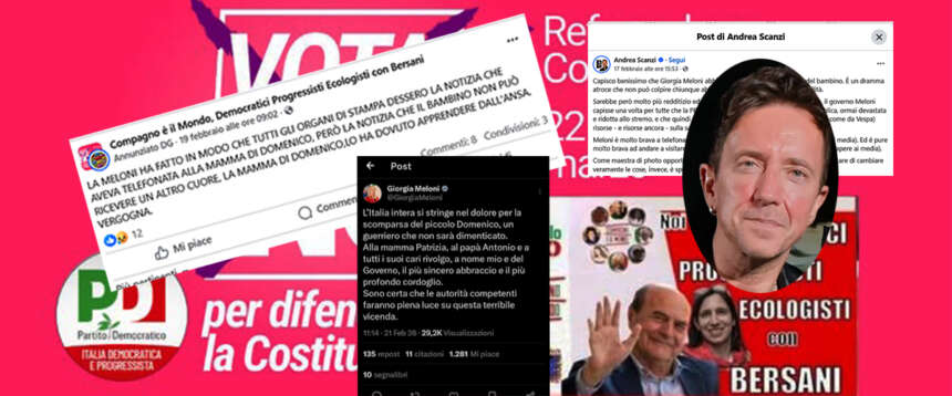 La sinistra sciacalla sul bambino morto col cuore bruciato, veleni sulla Meloni anche sulle pagine del “No”