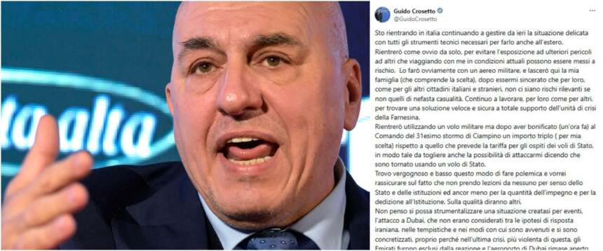 Bloccato dalla guerra, Crosetto rientra (a sue spese) da Dubai e asfalta la sinistra: “Vergogna”