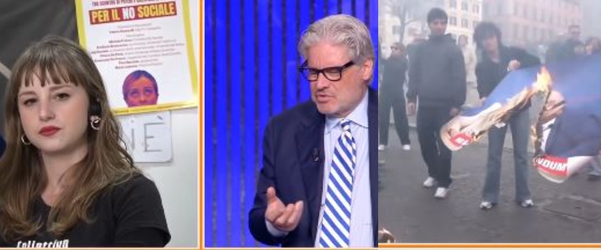 L’attivista che ha bruciato la foto della Meloni in studio da Del Debbio fa una figura barbina (video) L’attivista che ha bruciato la foto della Meloni in studio da Del Debbio fa una figura barbina (video)