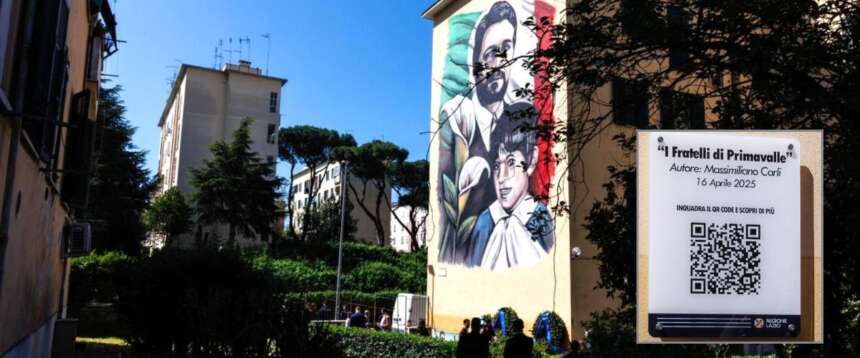 Il murales dedicato ai fratelli Mattei a Primavalle; nel dettaglio il Qr code collegato