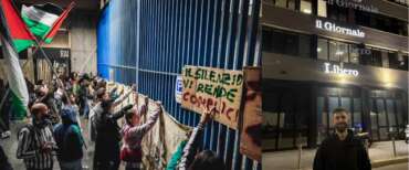 Una manifestazione pro Pal contro la Rai; il selfie i Mattia Tombolini, ex assistente di Ilaria Salis, davanti alle redazioni di Libero e Giornale