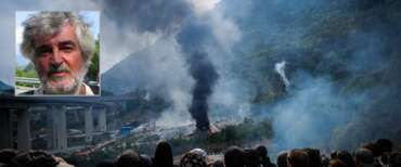 Un momento della devastazione di sabato in Val di Susa; nel riquadro lo storico attivista del movimento No Tav Guido Fissore, in una foto di archivio