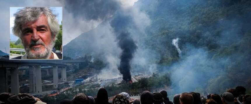 Un momento della devastazione di sabato in Val di Susa; nel riquadro lo storico attivista del movimento No Tav Guido Fissore, in una foto di archivio