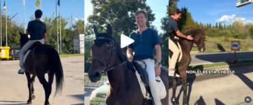Fotogrammi dal video di Nardella che arriva a cavallo alla pompa di benzina