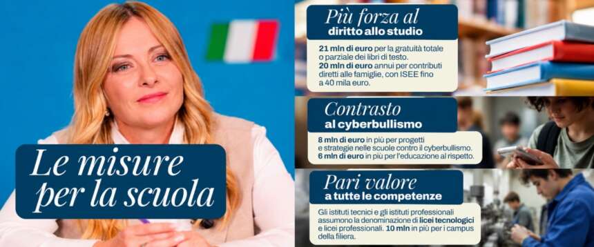 Decreto scuola, Meloni: “Costruiamo il futuro dei nostri figli e dell’Italia”. Dai libri gratis al tetto del 30% di stranieri: ecco cosa prevede