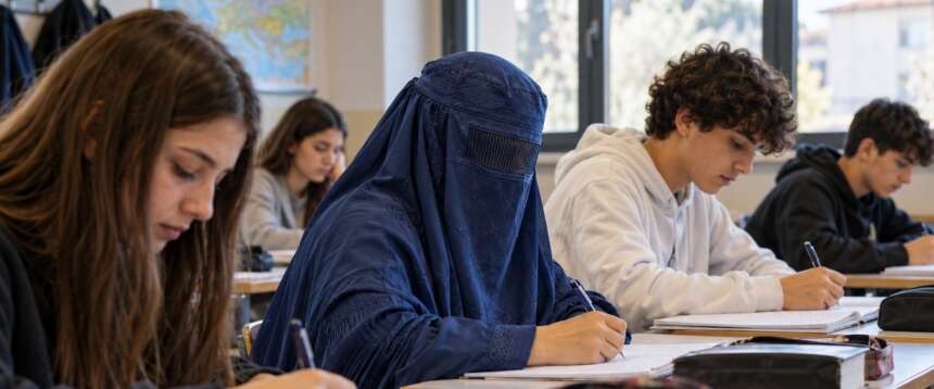 CLASSI MULTIRAZZIALI GENERATE AI IA VELO VISO COPERTO VOLTO STUDENTI ALUNNI SCUOLA CLASSE BURKA BURQA RELIGIONE MUSULMANA