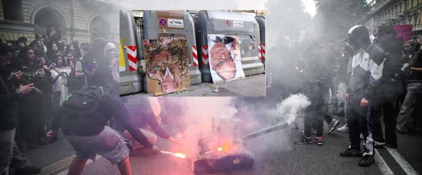 Orrore a Genova, Meloni e Valditara a testa in giù e slogan “uccidere un fascista non è reato”. FdI: «C’è chi soffia sul fuoco delle proteste»