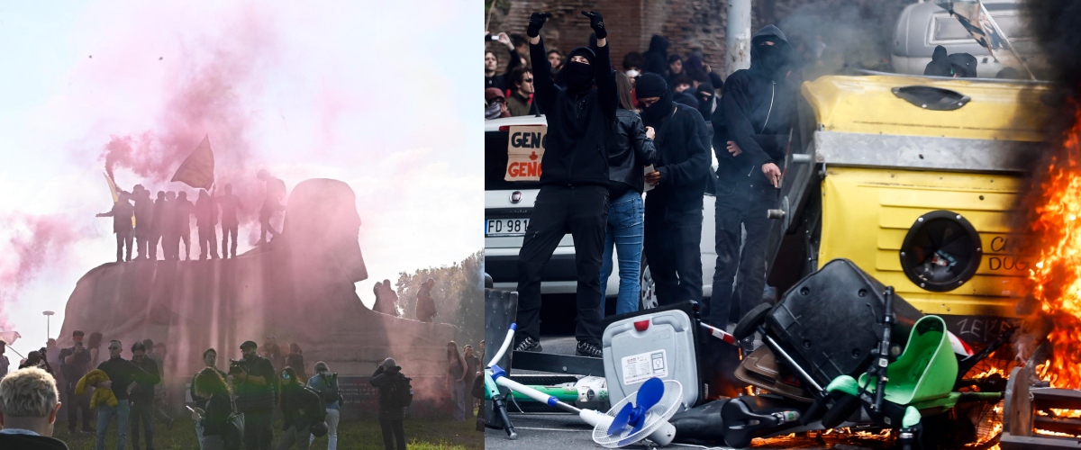venerd236 di odio in piazza incappucciati e sfasciatutto immagini di meloni bruciate e assalti alla polizia scontri a torino e roma da Secoloditalia.it venerd236 di odio in piazza incappucciati e sfasciatutto immagini di meloni bruciate e assalti alla polizia scontri a torino e roma