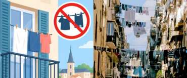 La locandina social di Thizy-les-Bourgs contro i panni stesi; una via di Napoli