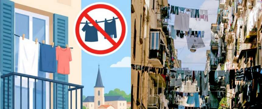 La locandina social di Thizy-les-Bourgs contro i panni stesi; una via di Napoli
